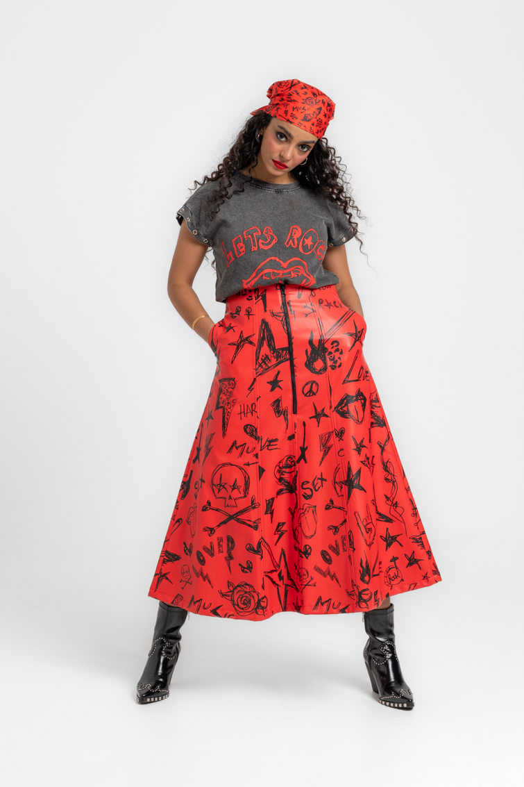Falda trapecio midi con tejido efecto piel y cremallera central de Lolina – colección ROCK AND ROLL | Tiendas Via Vai