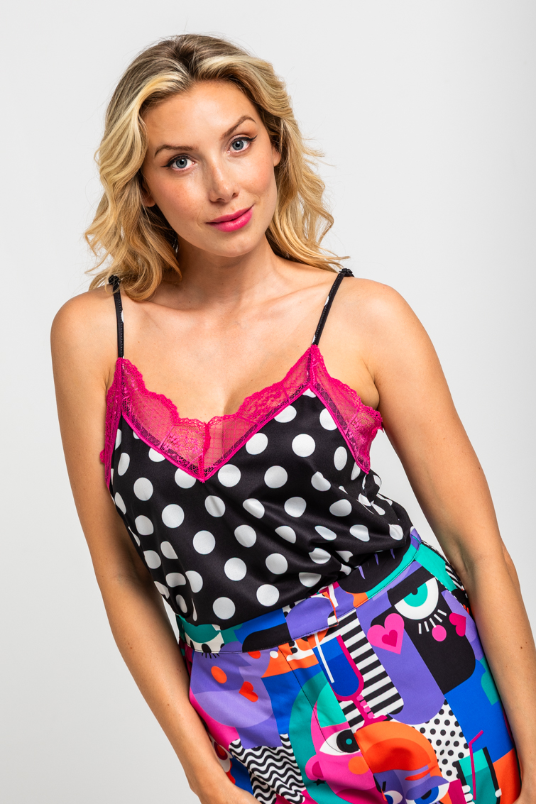 Blusa Lencera De Estampado De Topos Monocromatico Blanco Y Negro