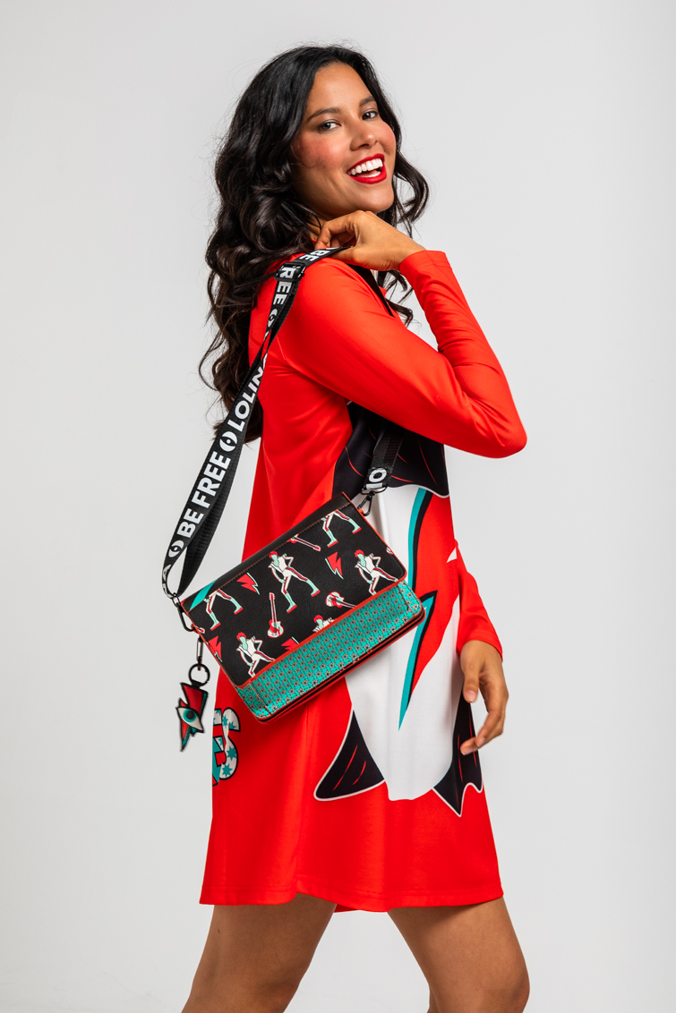 Bolso bandolera tipo sobre negro con rayo y estampado de Bowie