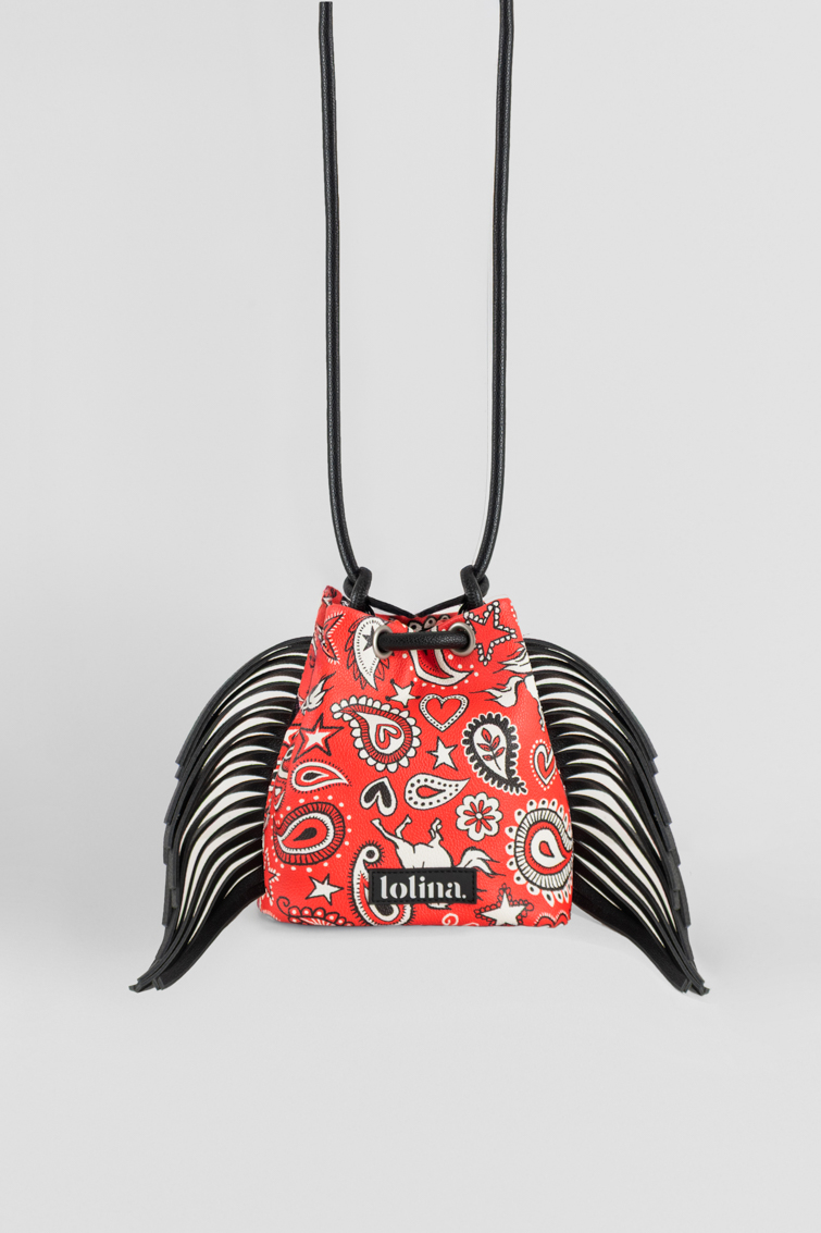Bolso tipo saco con flecos de estampado paisley cachemir rojo