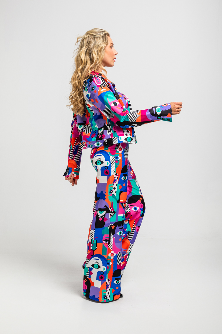 Chaqueta Biker Corchetes De Estampado Geometrico Caras Picasso