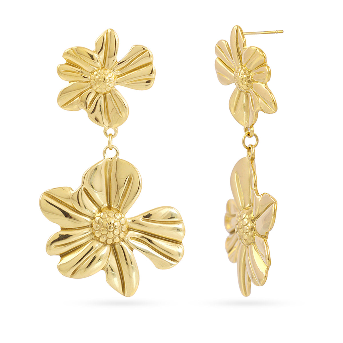 Pendientes Largos Essentials Flores en Dorado, bisutería de acero de la colección Essentials — Tiendas Via Vai Estepona