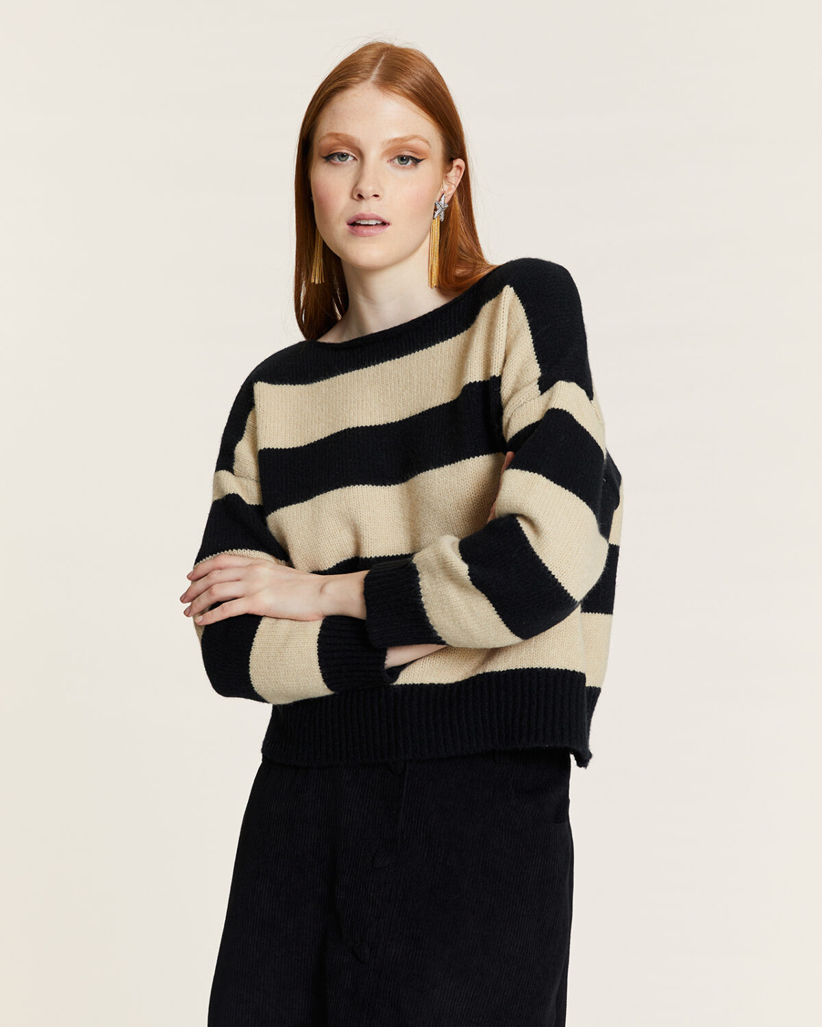 Jersey De Rayas Negro Y Crema Crema