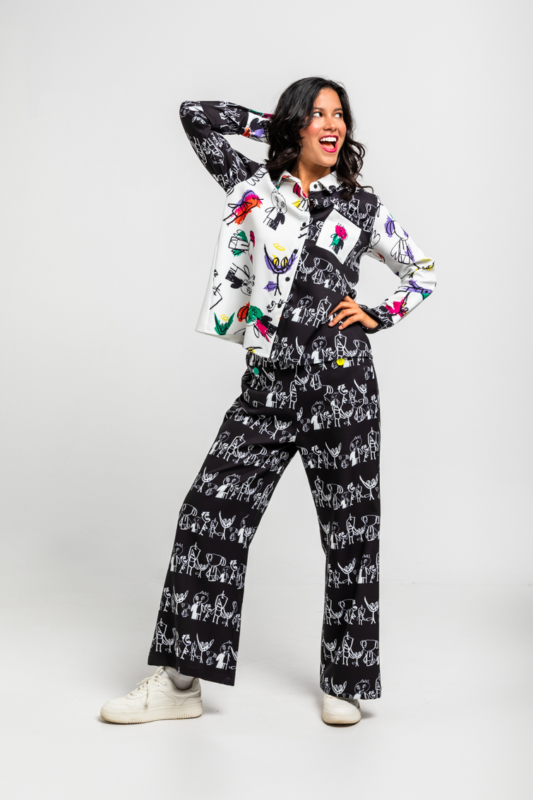 Pantalon Culotte Bolsillos De Garabatos Monocromatico