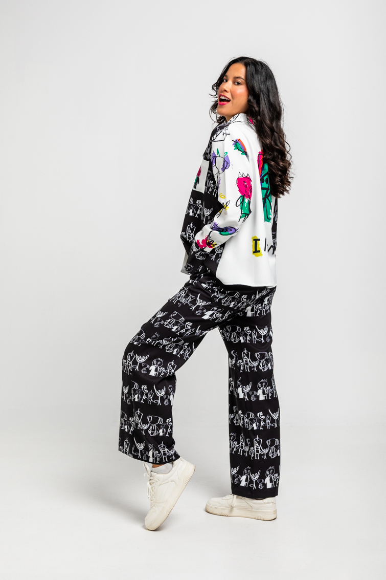 Pantalon Culotte Bolsillos De Garabatos Monocromatico