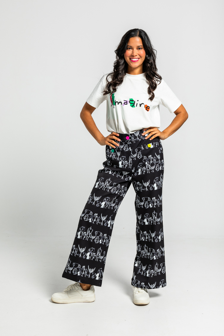 Pantalon Culotte Bolsillos De Garabatos Monocromatico