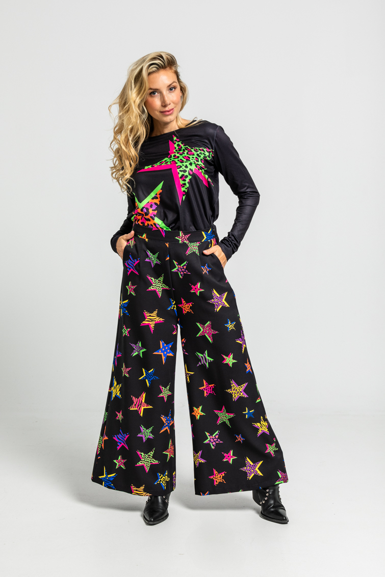 Pantalon Fluido De Estampado De Estrellas Con Animal Print