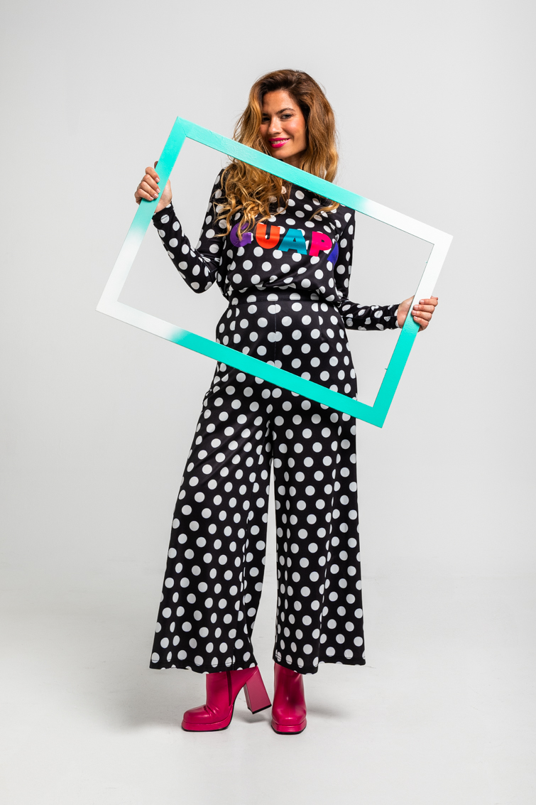 Pantalon Fluido De Estampado De Topos Monocromatico Blanco Y Negro