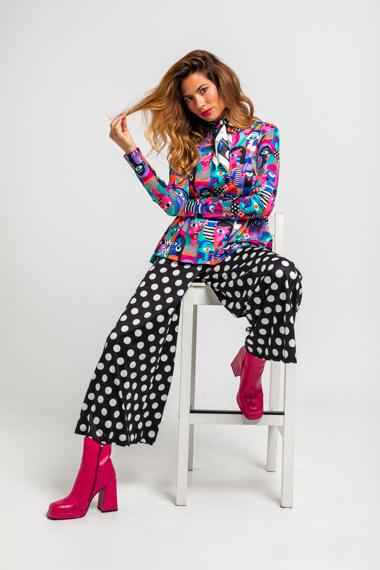 Pantalon Fluido De Estampado De Topos Monocromatico Blanco Y Negro
