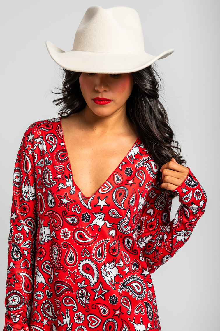 Vestido Corte A Volante De Estampado Paisley Cachemir Rojo