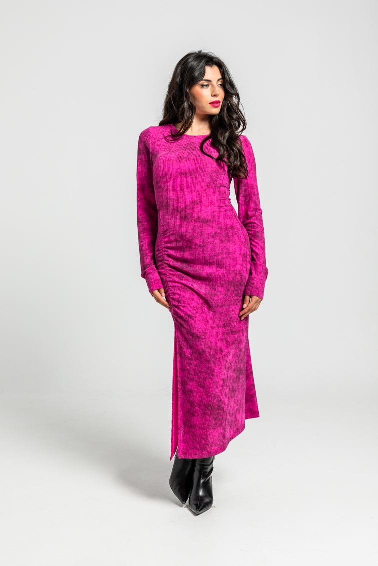Vestido Drapeado Lateral Canale Efecto Desgastado Tie Dye Fucsia Efecto