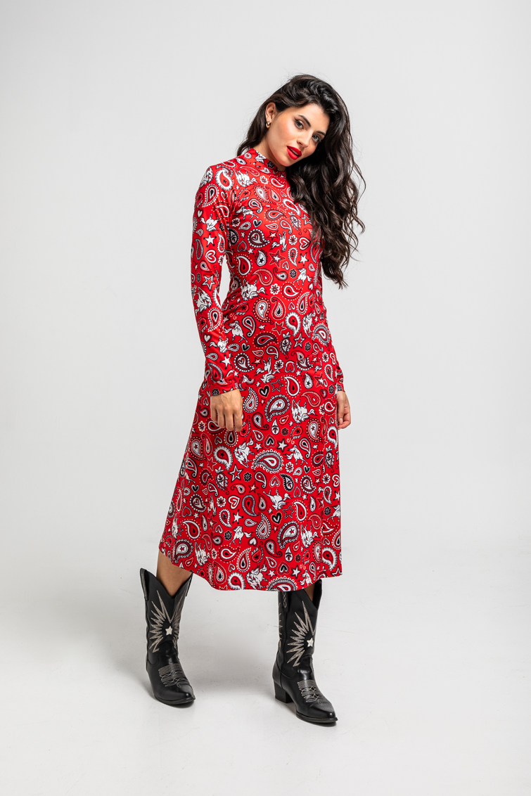 Vestido Midi Fluido De Estampado Paisley Cachemir Rojo