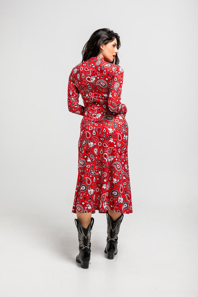 Vestido Midi Fluido De Estampado Paisley Cachemir Rojo