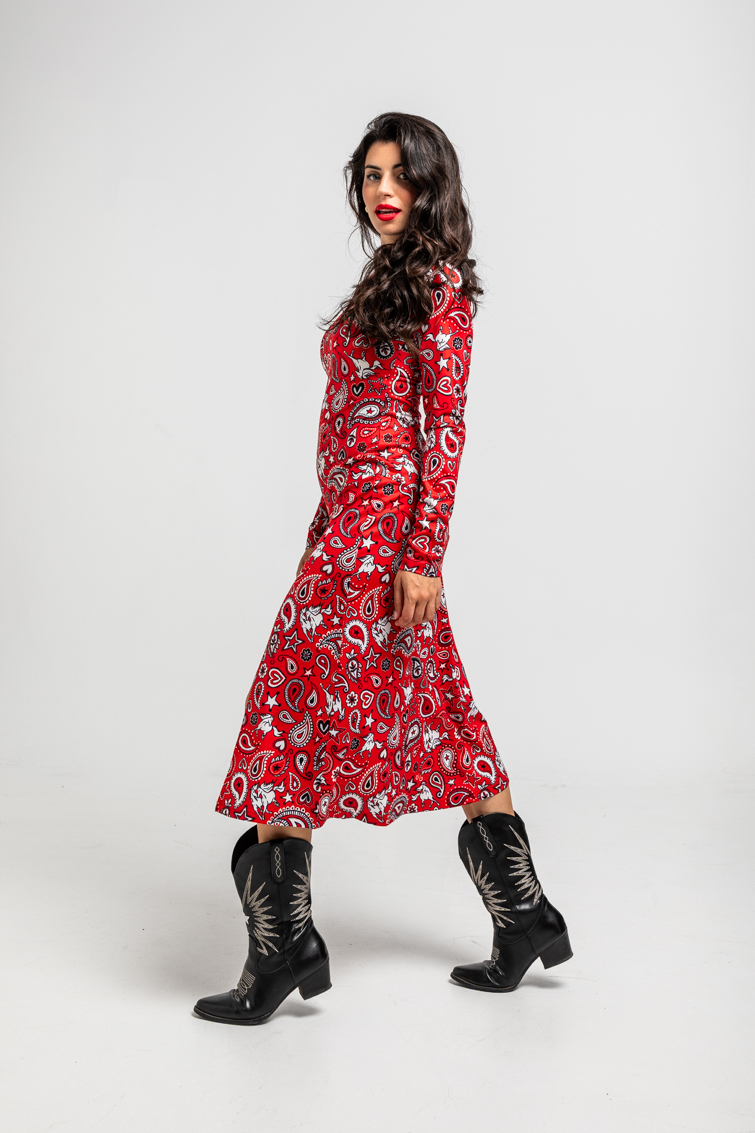 Vestido Midi Fluido De Estampado Paisley Cachemir Rojo