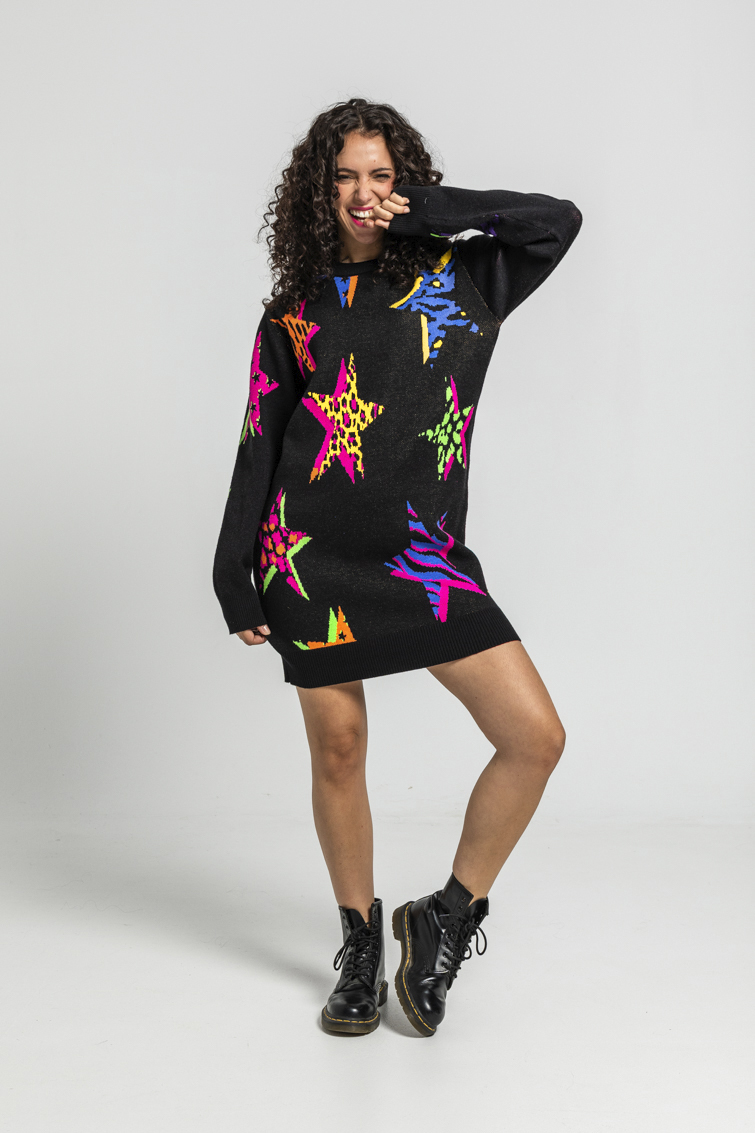 Vestido Punto Tejido De Estampado De Estrellas Con Animal Print