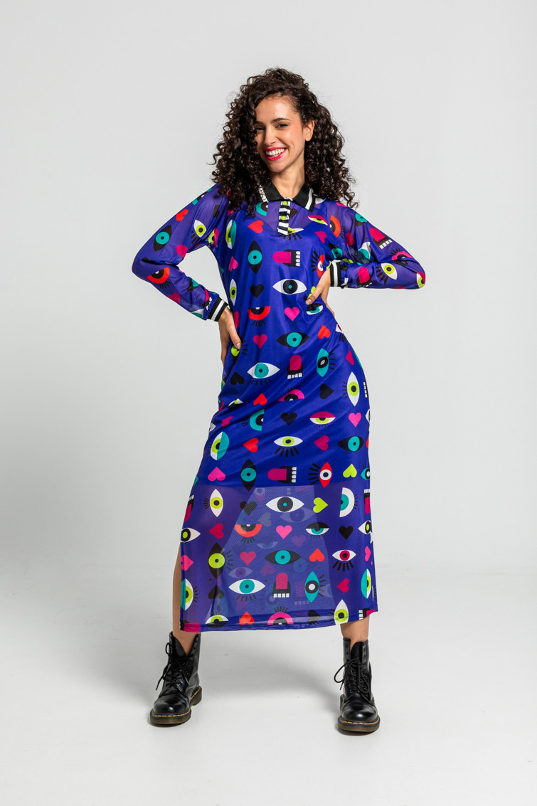 Vestido Largo De Tul Tipo Polo De Ojos, Corazones Y Bocas