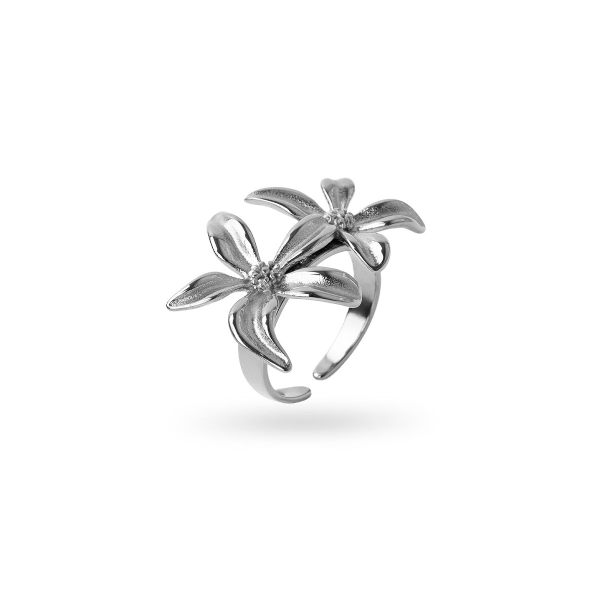 Anillo Ajustable Essentials Doble Flor en Plateado, bisutería de acero de la colección Essentials — Tiendas Via Vai Estepona