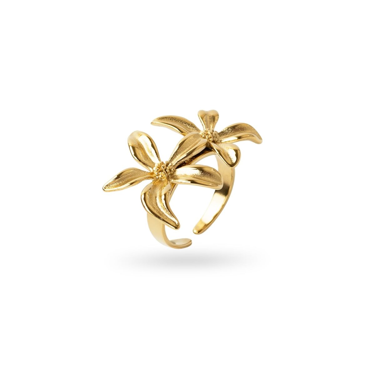 Anillo Ajustable Essentials Doble Flor en Dorado, bisutería de acero de la colección Essentials — Tiendas Via Vai Estepona