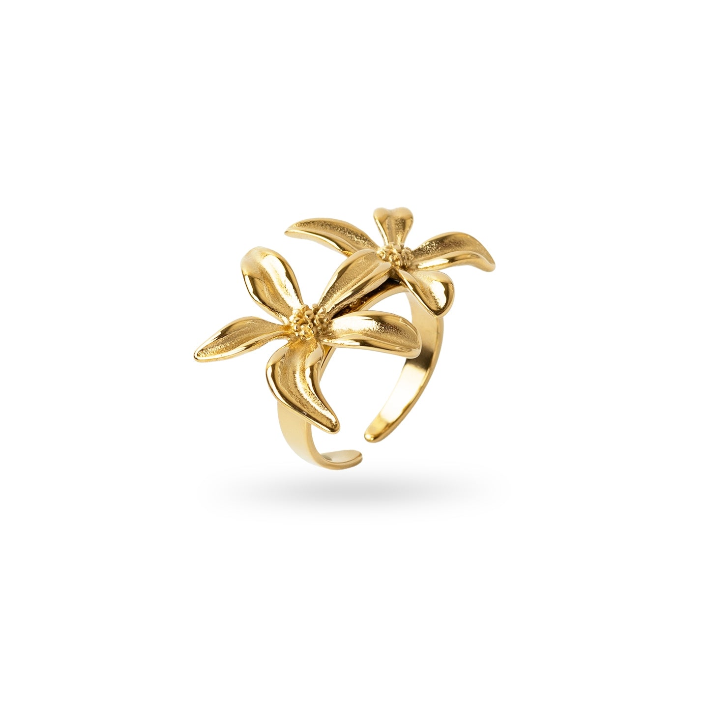 Anillo Ajustable Essentials Doble Flor en Dorado, bisutería de acero de la colección Essentials — Tiendas Via Vai Estepona