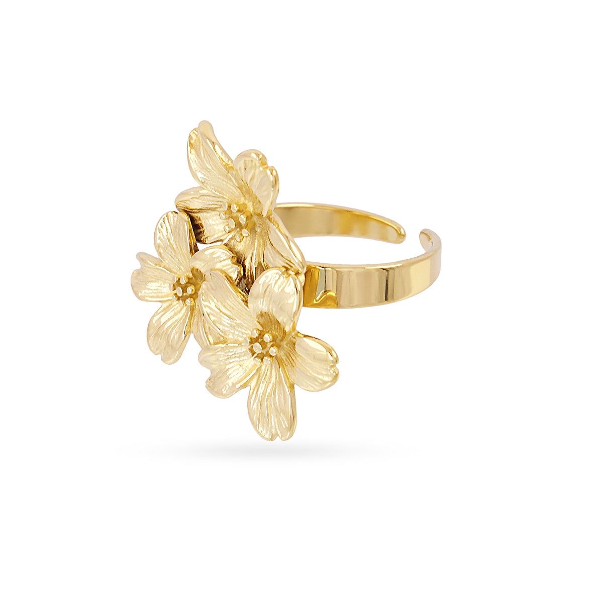 Anillo Ajustable Essentials Flores en Dorado, bisutería de acero de la colección Essentials — Tiendas Via Vai Estepona