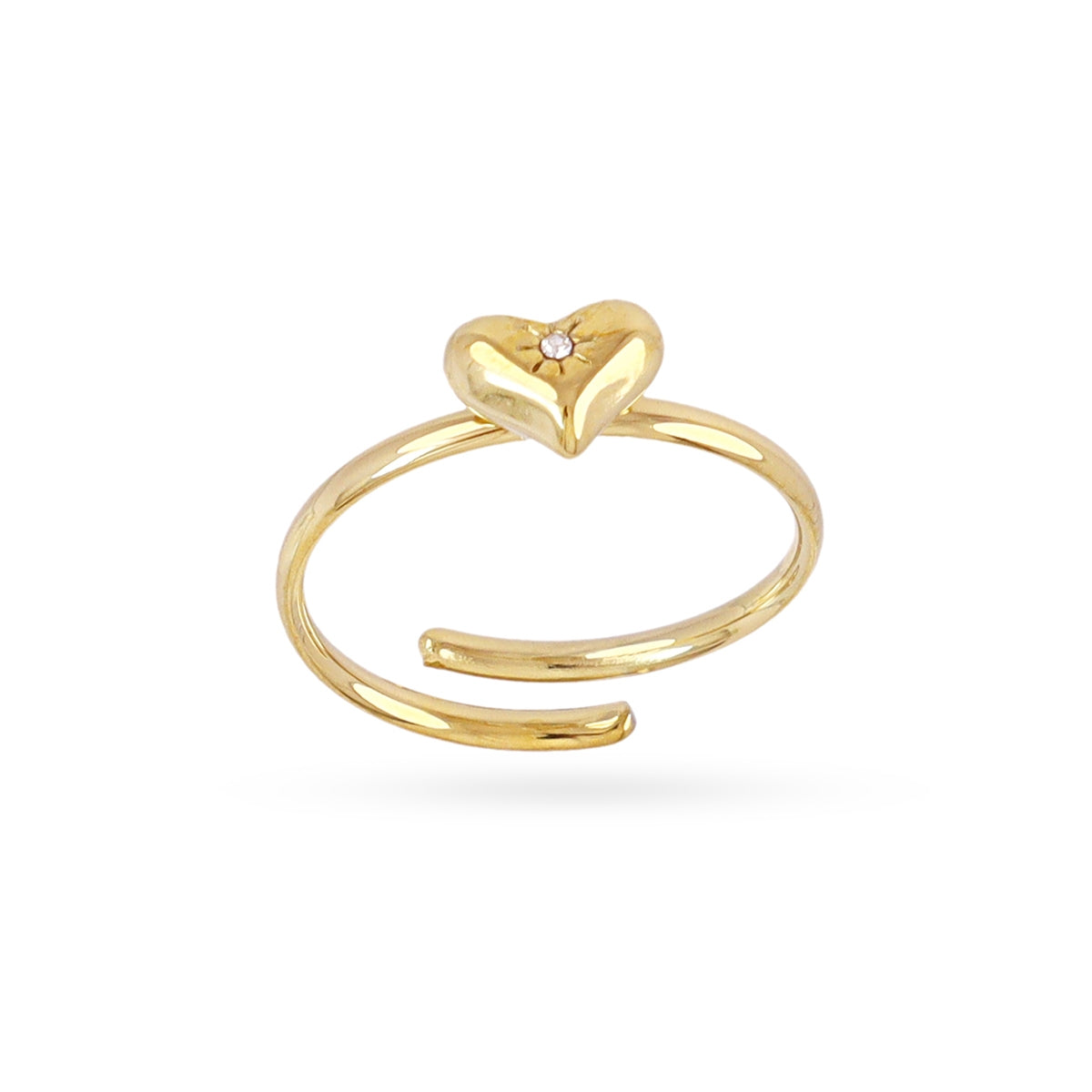 Anillo Ajustable Fino con Corazón con Mini Circonita Central en Dorado, bisutería de acero de la colección Essentials — Tiendas Via Vai Estepona