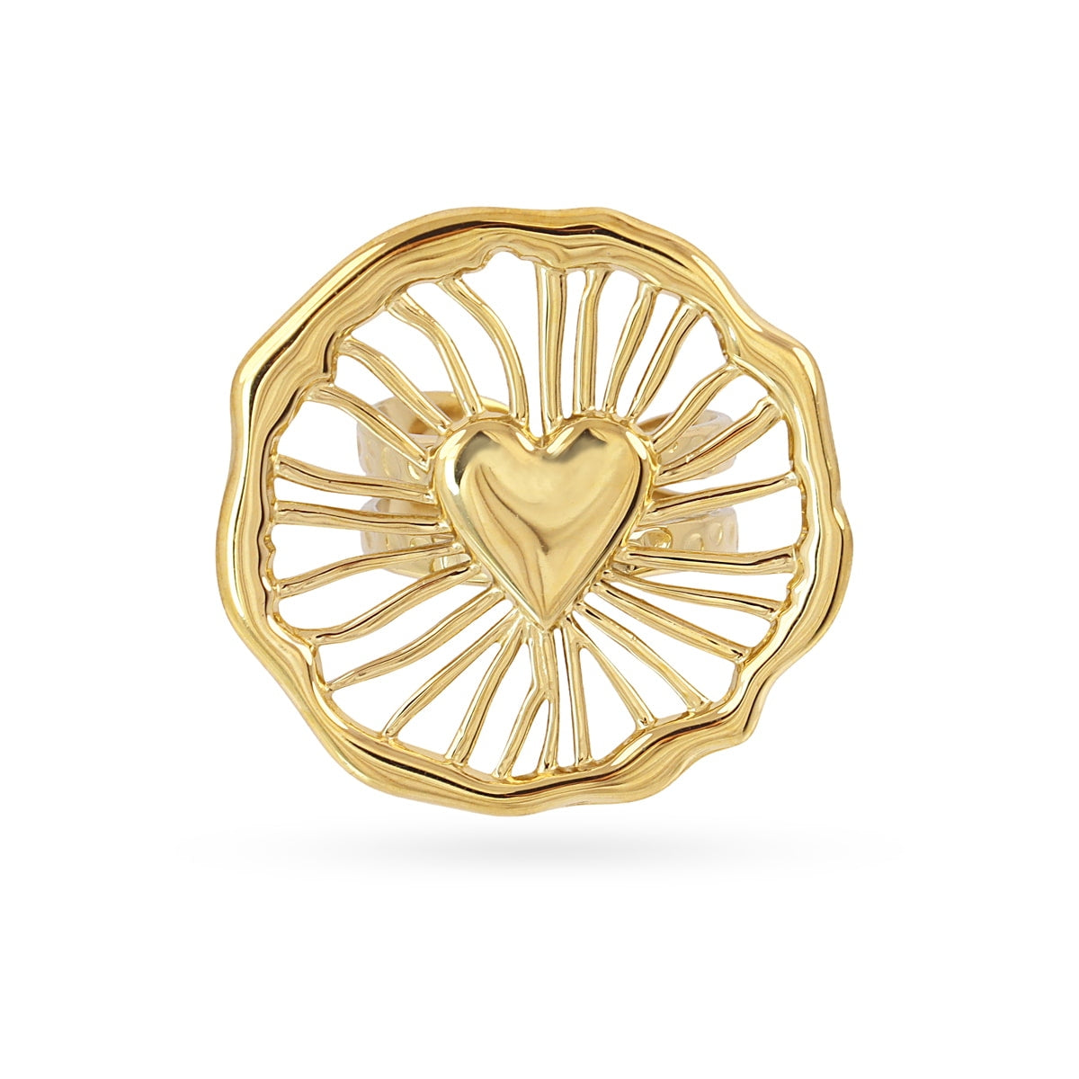 Anillo Ajustable Maxi con Diseño Geométrico con Corazón Central en Dorado, bisutería de acero de la colección Essentials — Tiendas Via Vai Estepona