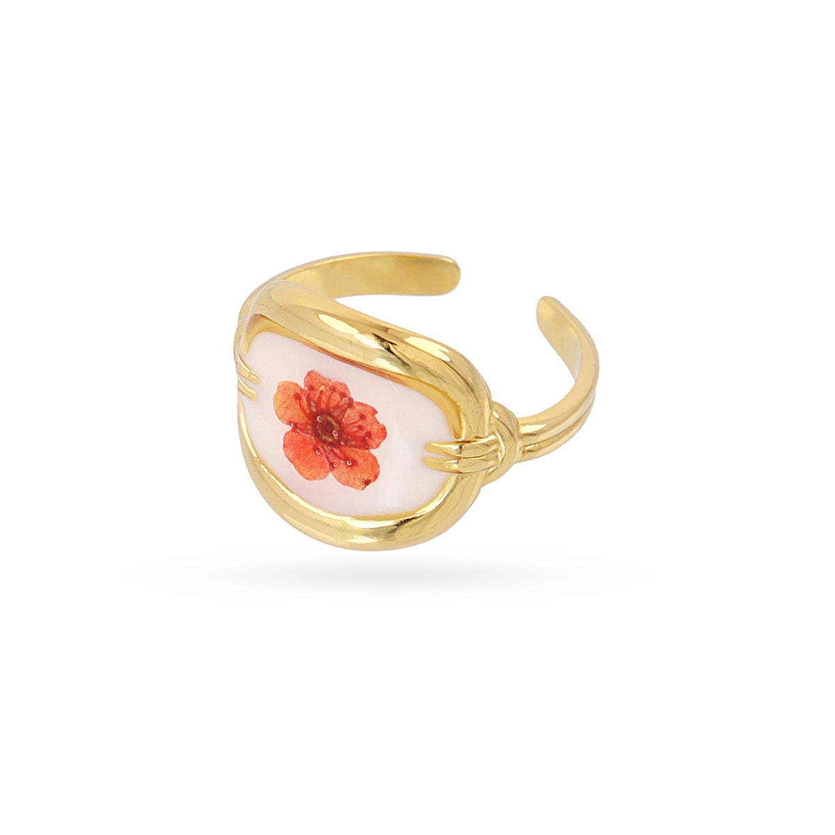 Anillo Ajustable Sello Artesanal Flor Naranja en Dorado, bisutería de acero de la colección Essentials — Tiendas Via Vai Estepona