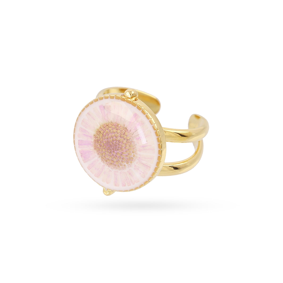 Anillo Ajustable Sello Circular Flor Rosa en Dorado, bisutería de acero de la colección Essentials — Tiendas Via Vai Estepona