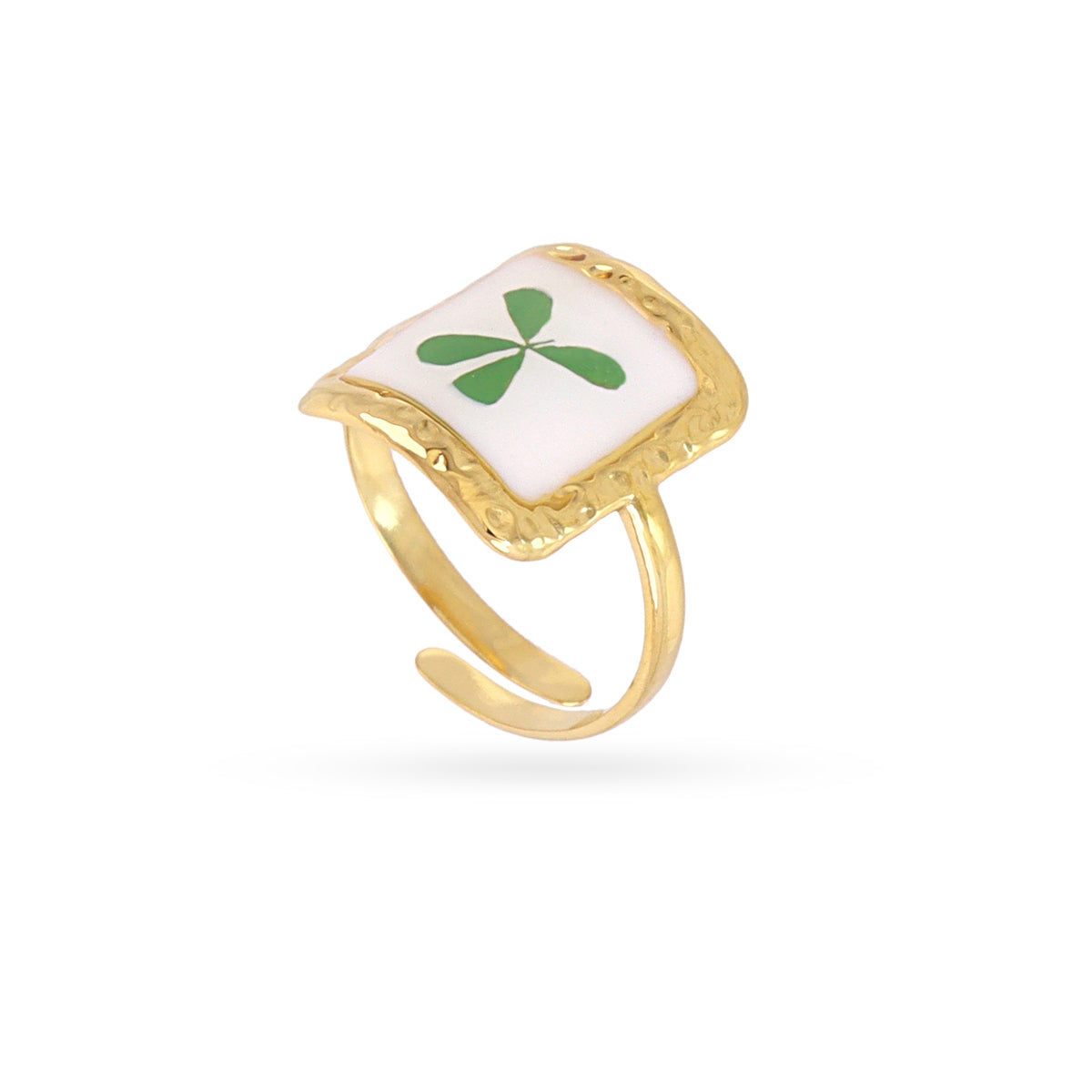 Anillo Ajustable Sello Cuadrado Trébol en Dorado, bisutería de acero de la colección Essentials — Tiendas Via Vai Estepona