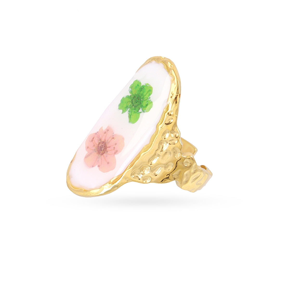 Anillo Ajustable Sello Ovalado Doble Flor en Dorado, bisutería de acero de la colección Essentials — Tiendas Via Vai Estepona