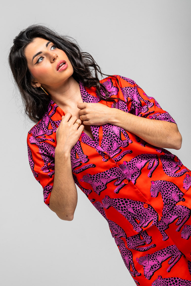 Camisa cuello smoking naranja y panteras rosas - Pink Panther Lolina