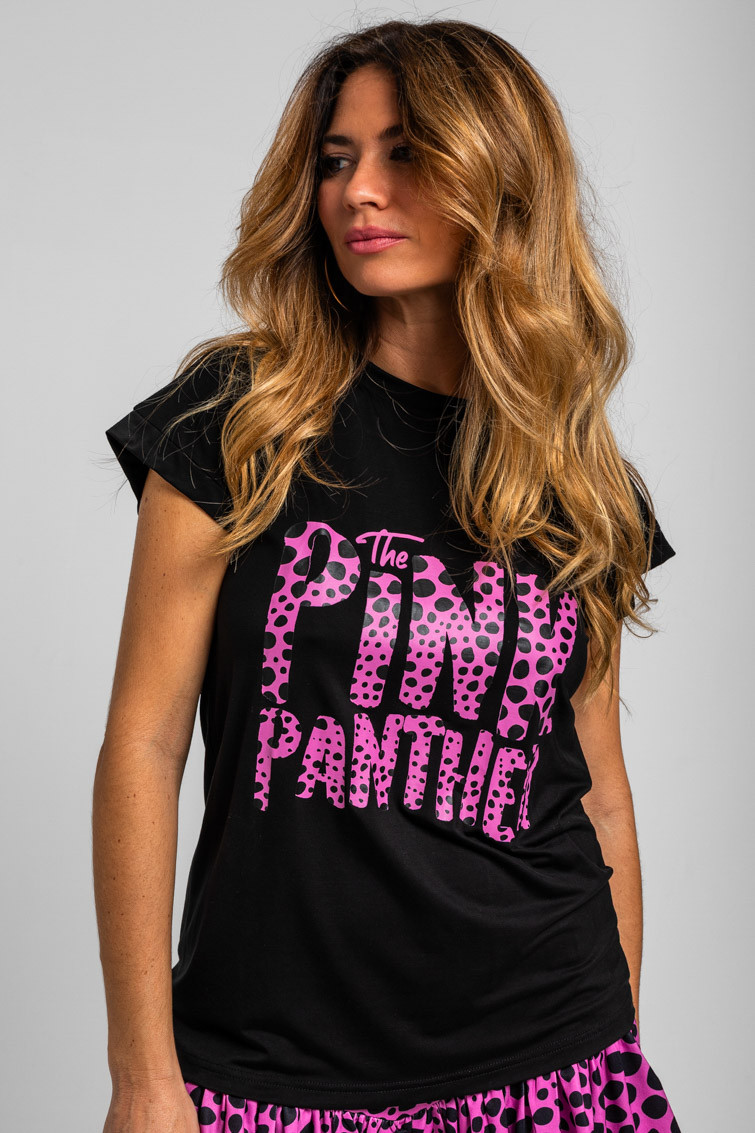 Camiseta sin mangas corte canalla negra con texto animal print - Pink Panther Lolina