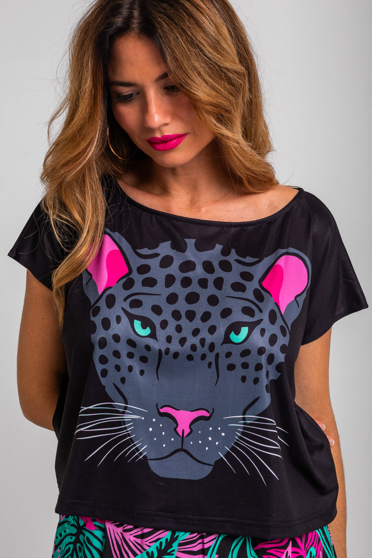 Camiseta sin mangas de hojas y panteras - Nocturna Lolina
