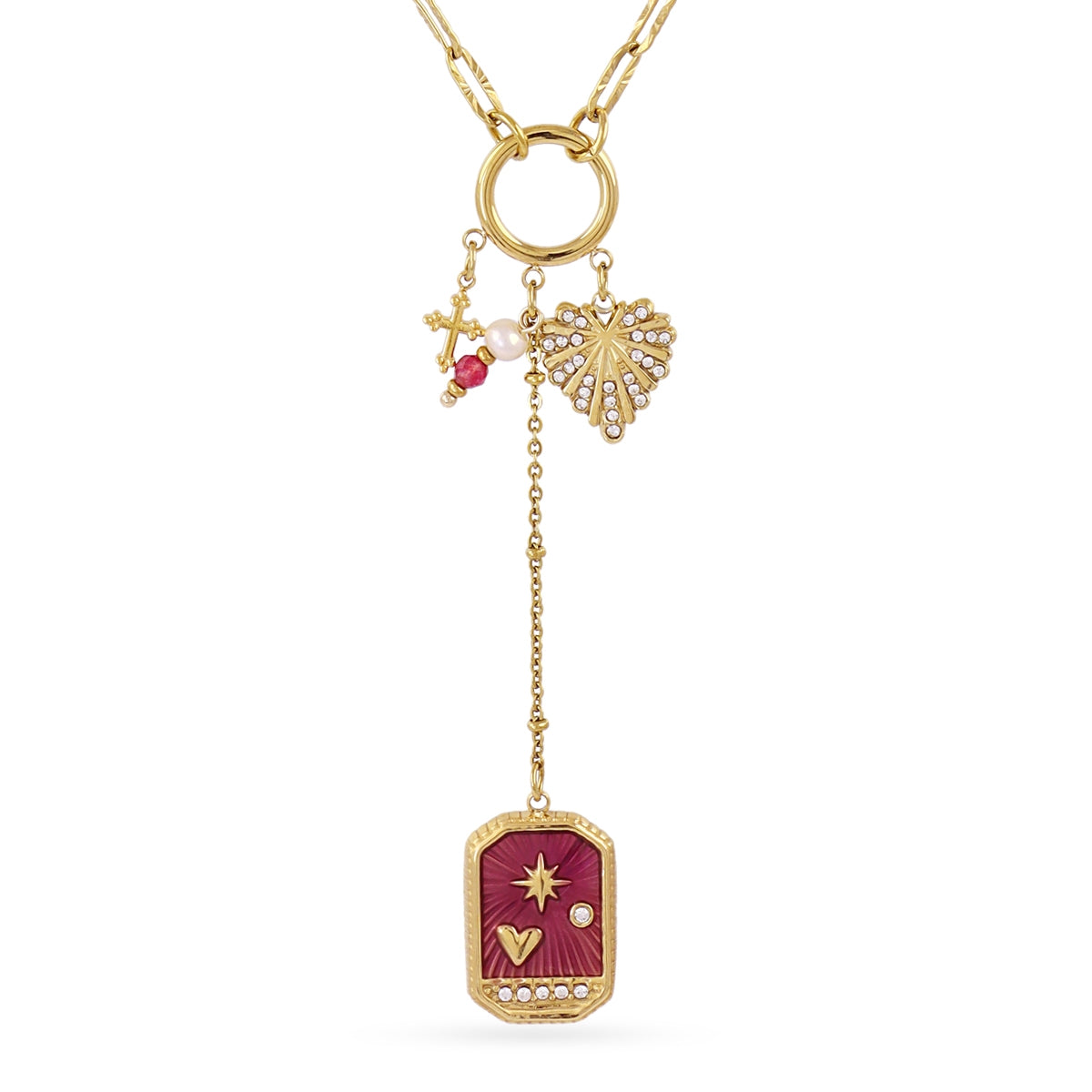 Collar Astros Amuleto Rubí en Dorado, bisutería de acero de la colección Astros — Tiendas Via Vai Estepona