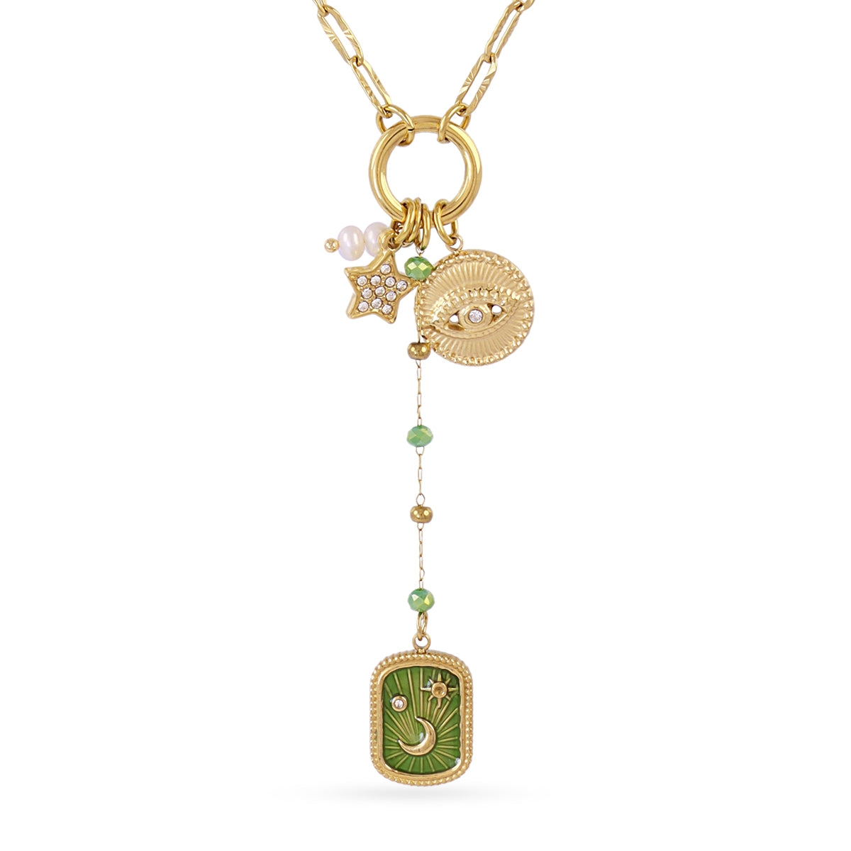 Collar Astros Amuleto Verde en Dorado, bisutería de acero de la colección Astros — Tiendas Via Vai Estepona