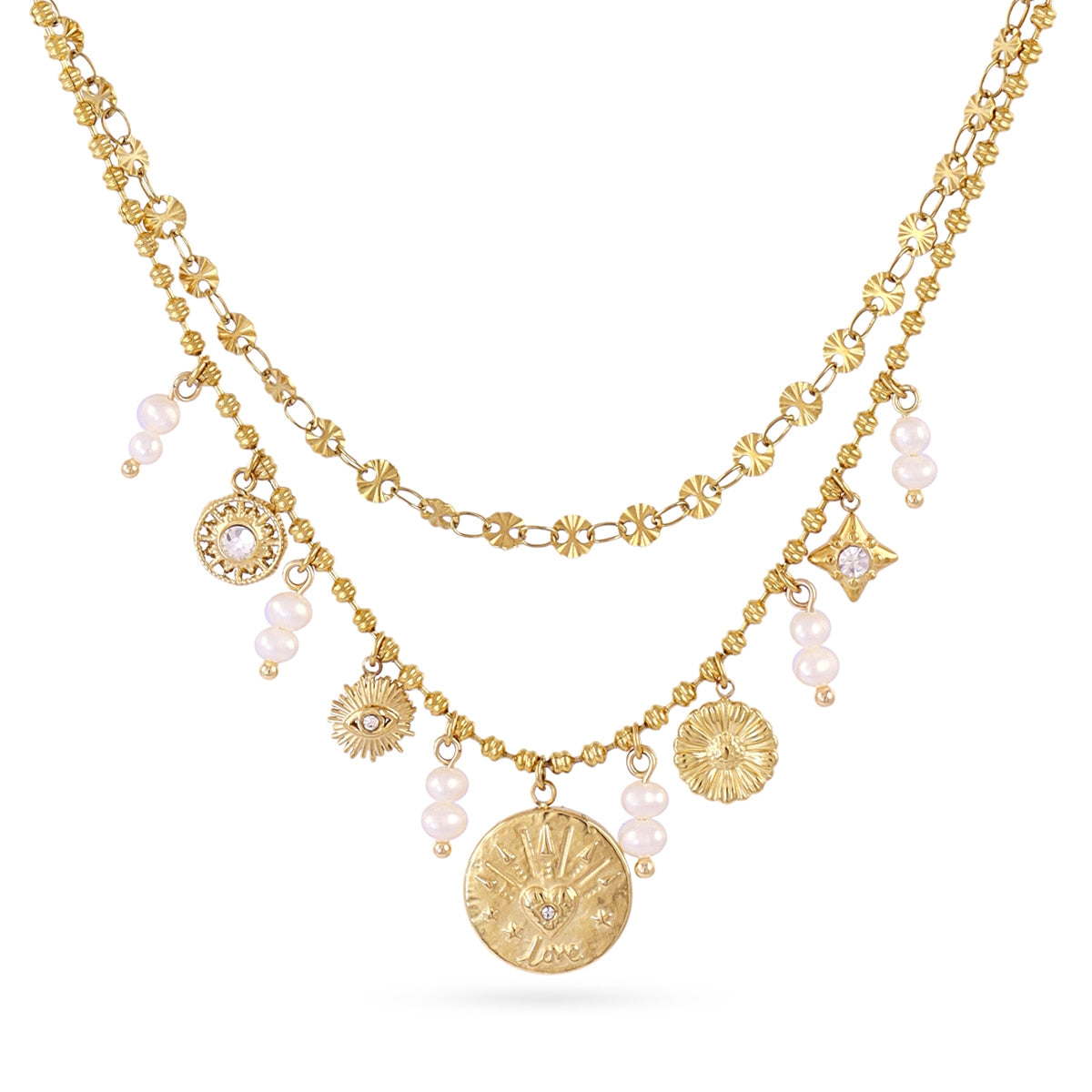 Collar Astros Perla Solar en Dorado, bisutería de acero de la colección Astros — Tiendas Via Vai Estepona