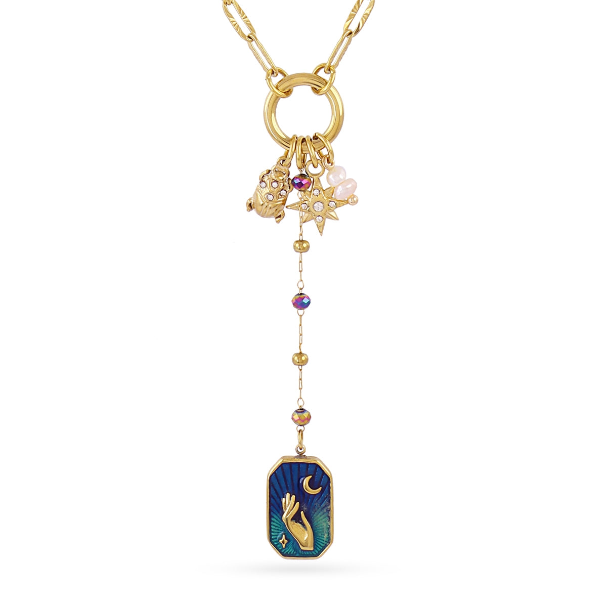 Collar Astros Sagrado Azul en Dorado, bisutería de acero de la colección Astros — Tiendas Via Vai Estepona