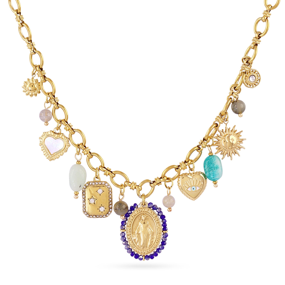 Collar Astros Virgen Azul en Dorado, bisutería de acero de la colección Astros — Tiendas Via Vai Estepona