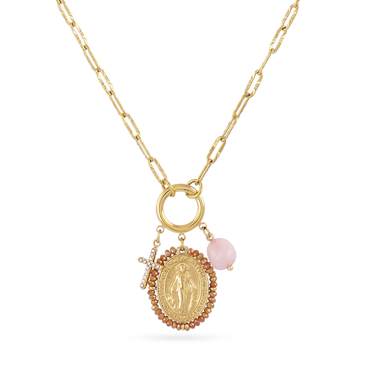 Collar Astros Virgen Rosa en Dorado, bisutería de acero de la colección Astros — Tiendas Via Vai Estepona