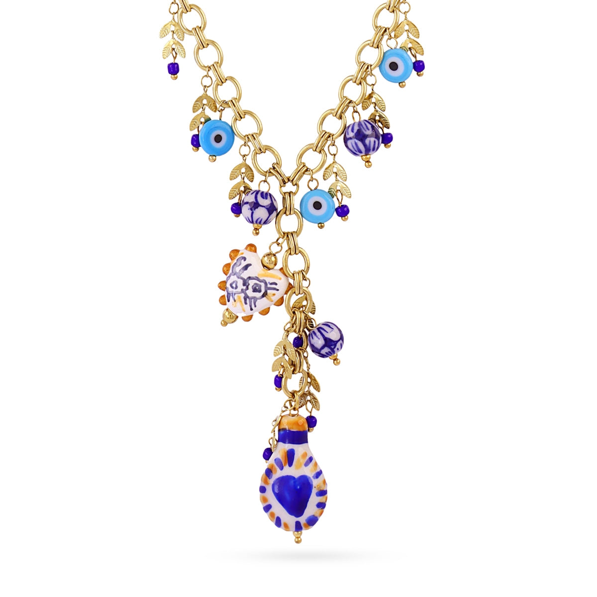 Collar Corbatero Trencadis Charms Azules en Dorado, bisutería de acero de la colección Tide — Tiendas Via Vai Estepona