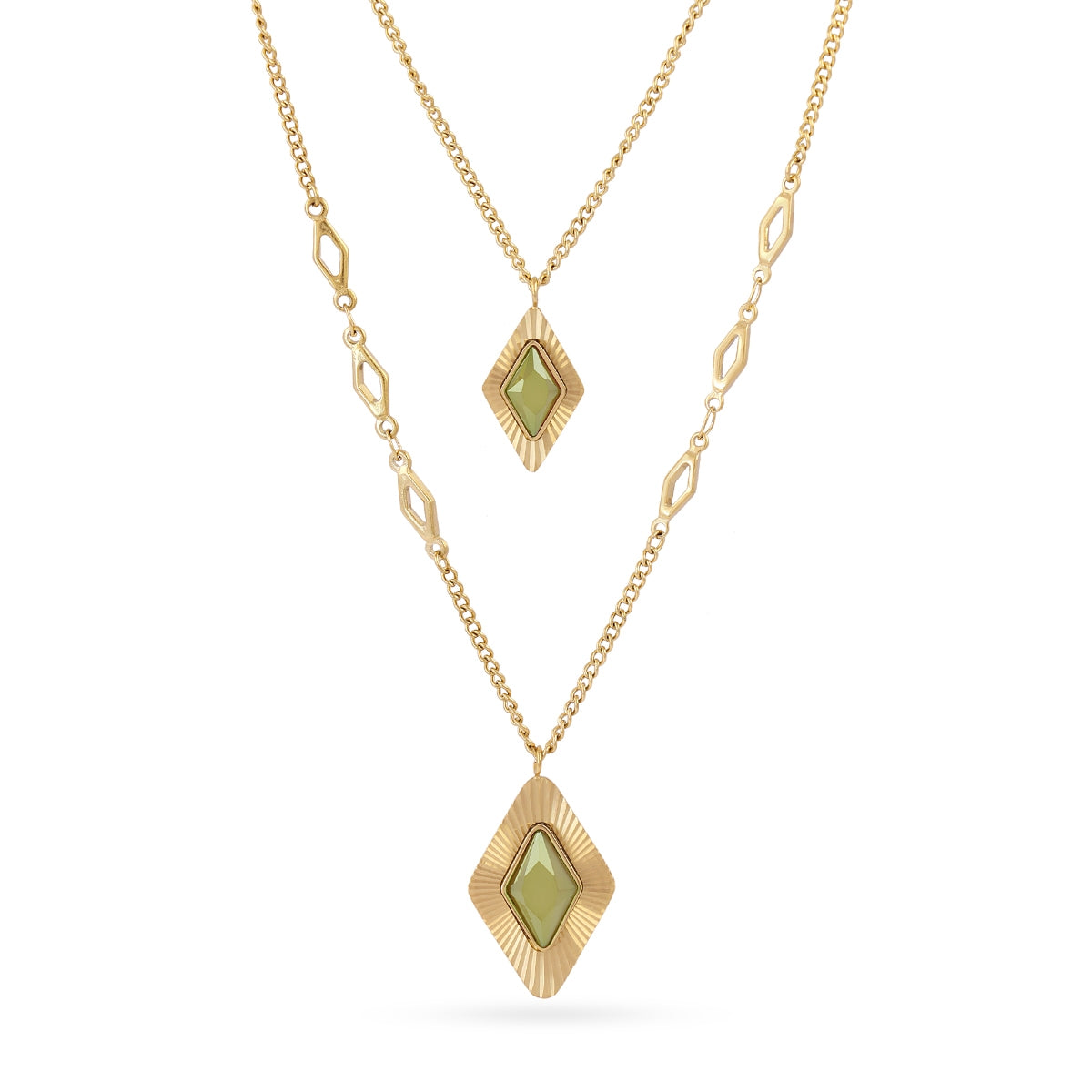 Collar Prisma Doble Cadena Rombo en Verde, bisutería de acero de la colección Sunflowers — Tiendas Via Vai Estepona