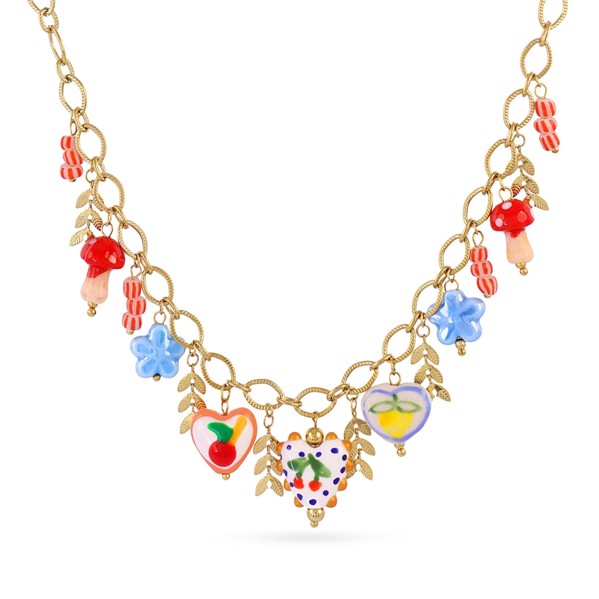 Collar Trencadis Cadena Flores Azules en Dorado, bisutería de acero de la colección Tide — Tiendas Via Vai Estepona