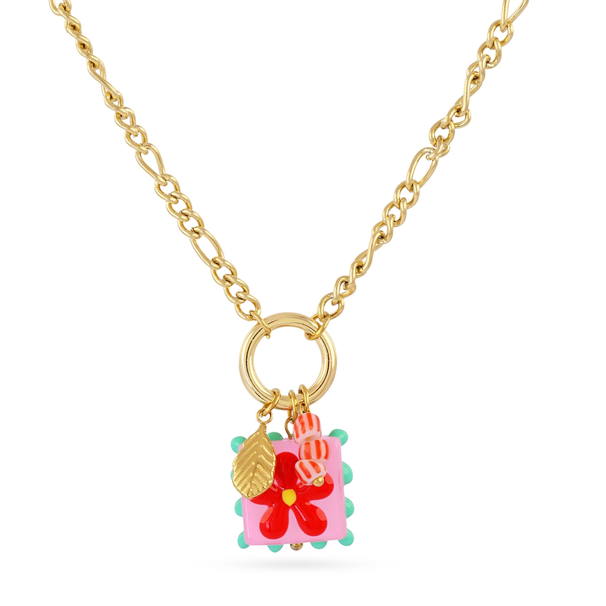 Collar Trencadis Cadena Sello Flor Roja en Dorado, bisutería de acero de la colección Tide — Tiendas Via Vai Estepona