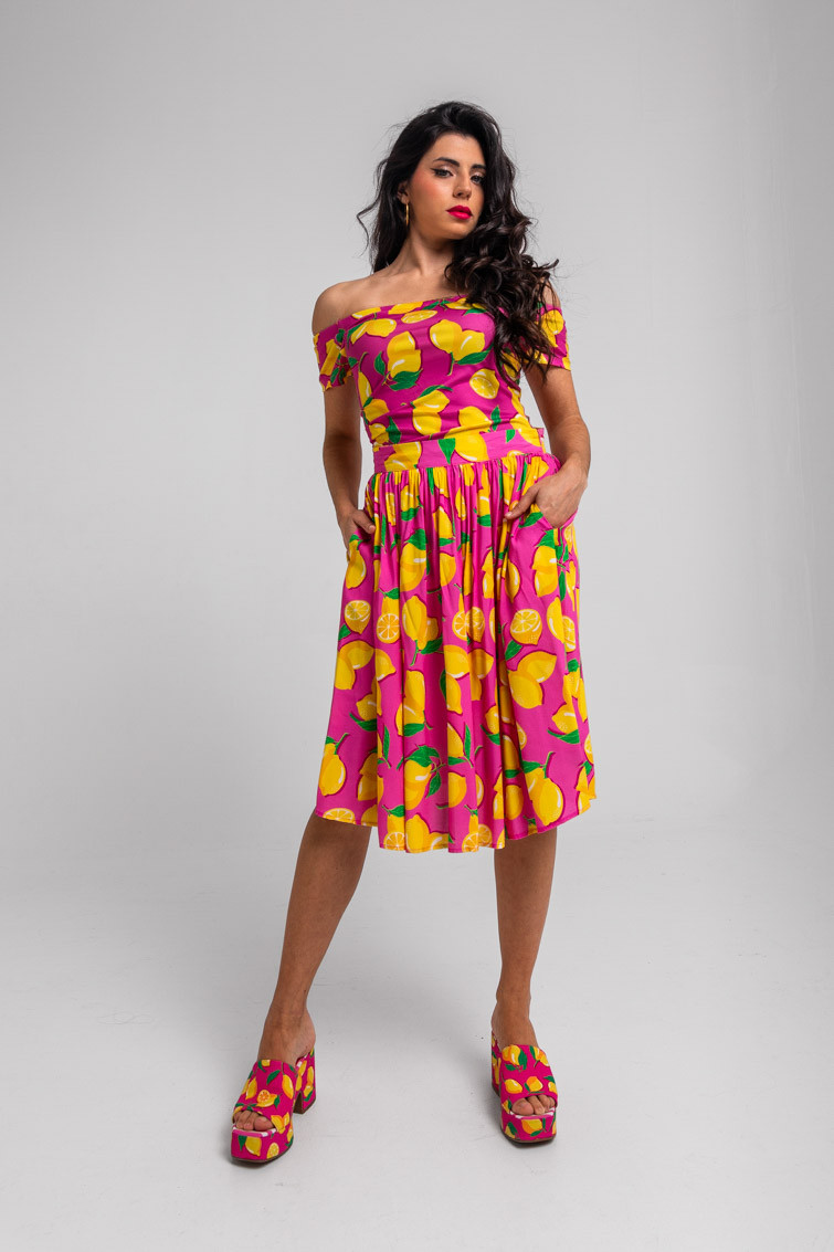 Falda midi de tablas rosa de limones - Limoncello Lolina - Imagen 2