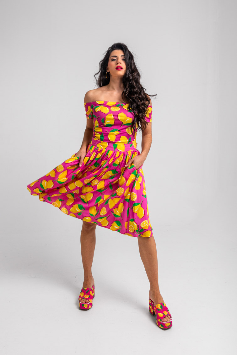 Falda midi de tablas rosa de limones - Limoncello Lolina