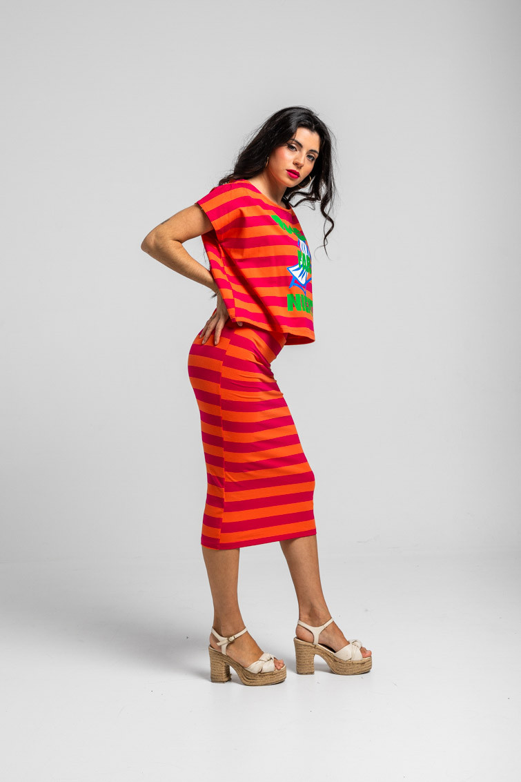 Falda tubo midi elástica de rayas rosas y naranjas - Dolce Far Niente Lolina - Imagen 2