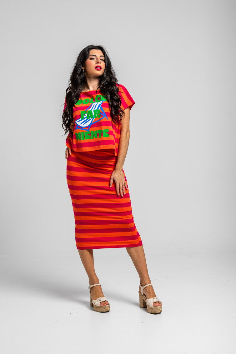 Falda tubo midi elástica de rayas rosas y naranjas - Dolce Far Niente Lolina