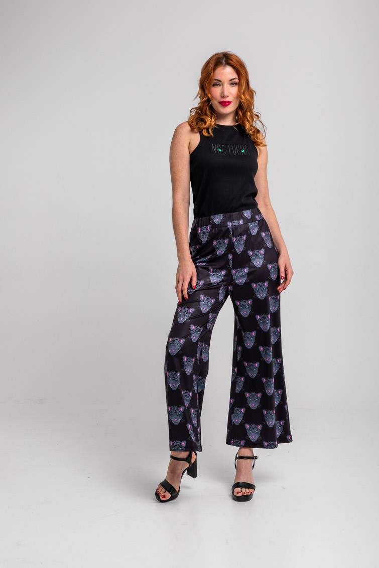 Pantalón flare elástico negro con panteras - Nocturna Lolina