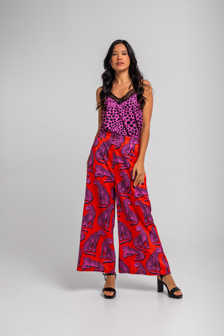 Pantalón fluido naranja y panteras rosas - Pink Panther Lolina