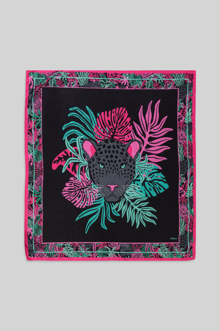 Pañuelo 120x120 de hojas y panteras - Nocturna Lolina
